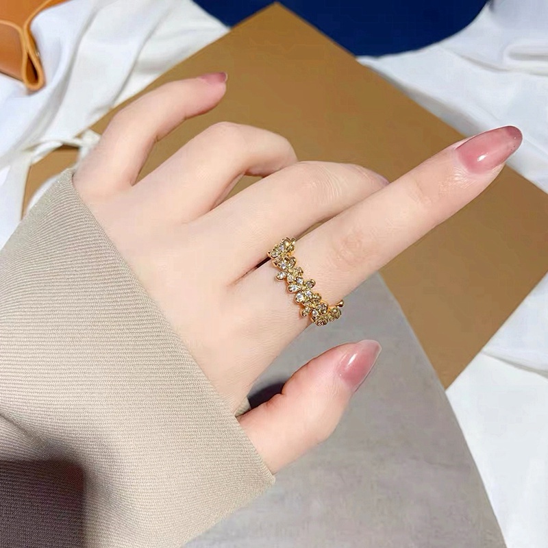 Cincin Titanium Wanita (Terbuka) Bunga Daisy Berlian Lapis Emas 18K Cantik Perhiasan Korea