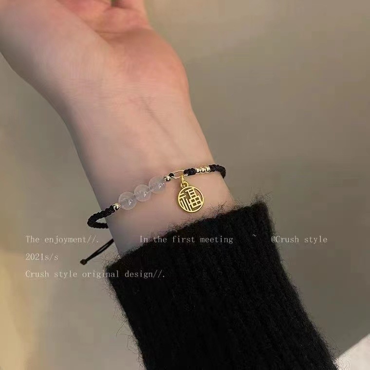 Gelang Tali Hitam Adjustable Hias Opal Fu Gaya Korea Untuk Wanita