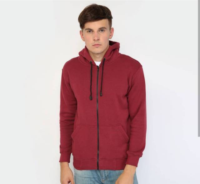 Jaket sweater polos hoodie zipper merah maroon murah