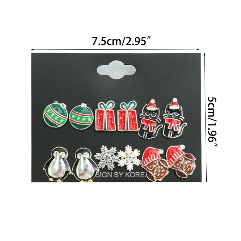 6 Pasang Anting Stud Desain Hewan Kepingan Salju Bola Unik Untuk Hadiah Natal Wanita