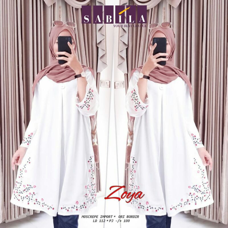 Zoya tunik putih dan hitam jumbo bordir asli