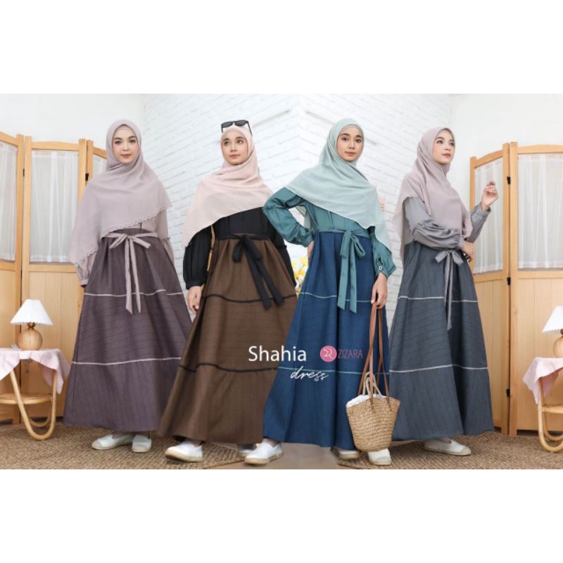 Shahia Dress - Zizara - Gamis Kombinasi Toyobo Polos dan Linen Strip
