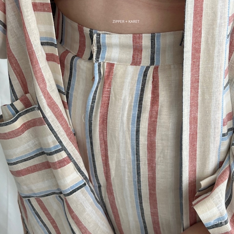 PORONAKA - URI Stripe Linen Set (Outer &amp; Pants)