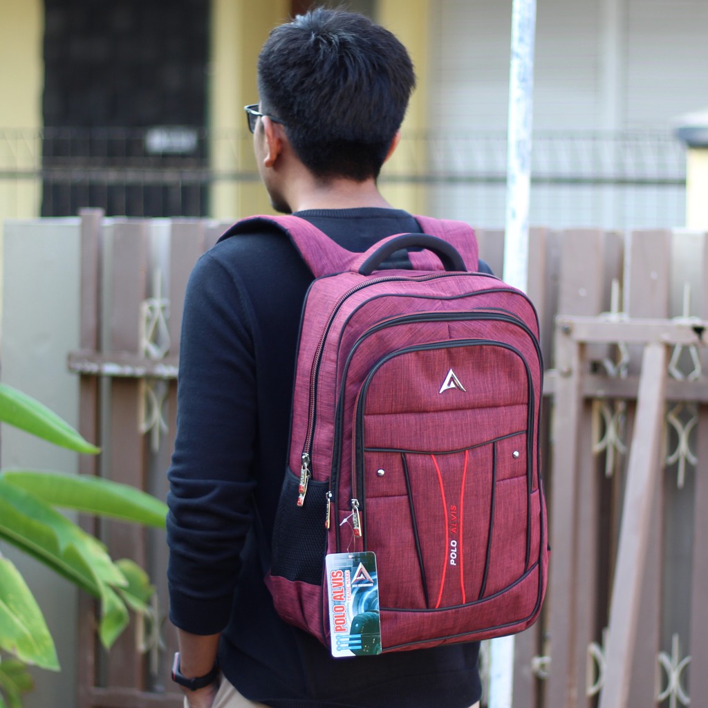 Tas Sekolah Backpack Gendong Kerja Alvis Bordir Merah Ransel Punggung Laptop Kuliah Bagus