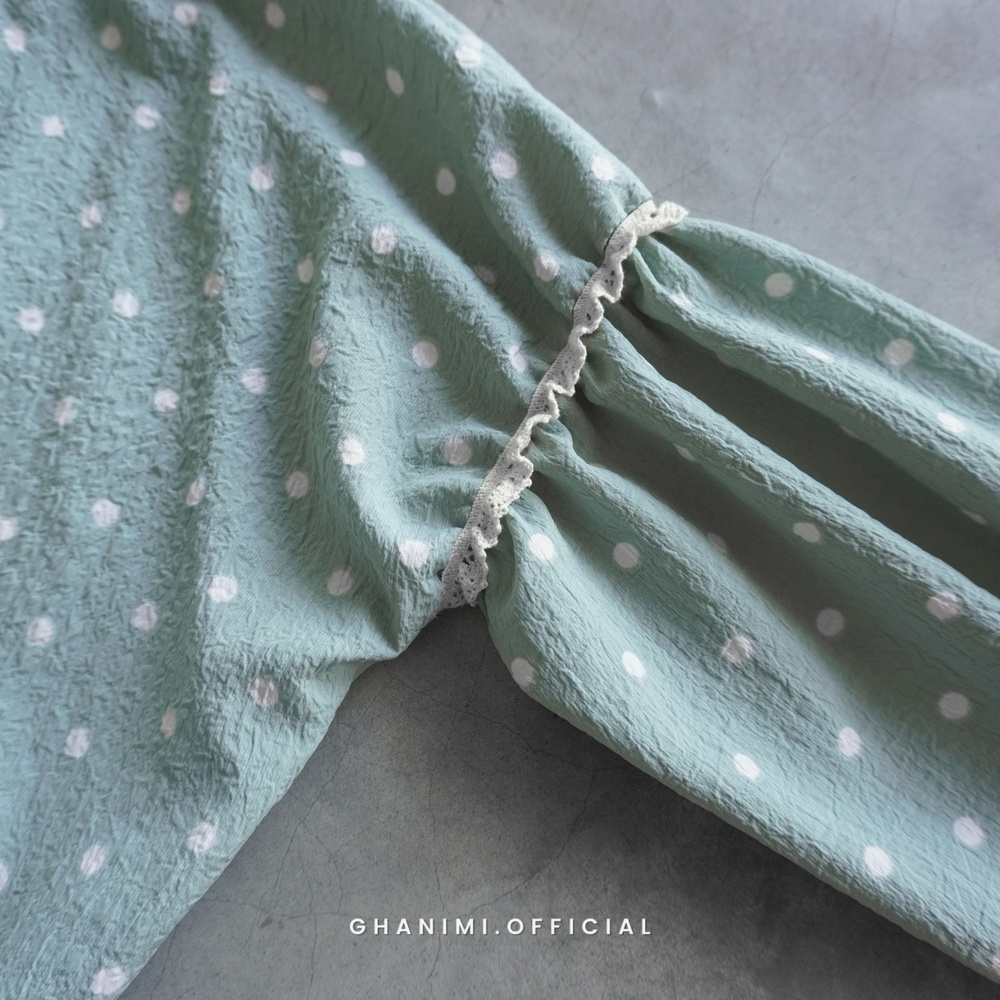 Ghanimi - Haru Blouse / Blouse Polkadot / blus motif ruffle / atasan kerja casual formal daily / atasan unik korean style / blus lengan karet wudhu friendly