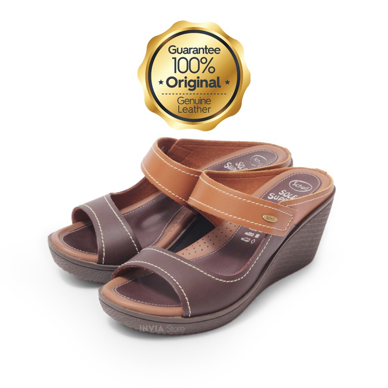 Scholl LV73 Dark Brown Sandal Wedges Sole Support 100% Original Scholl Kulit Asli Genuine Leather