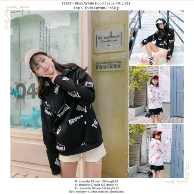 Kaos cewek jumbo kupluk hitam putih tulisan lengan panjang