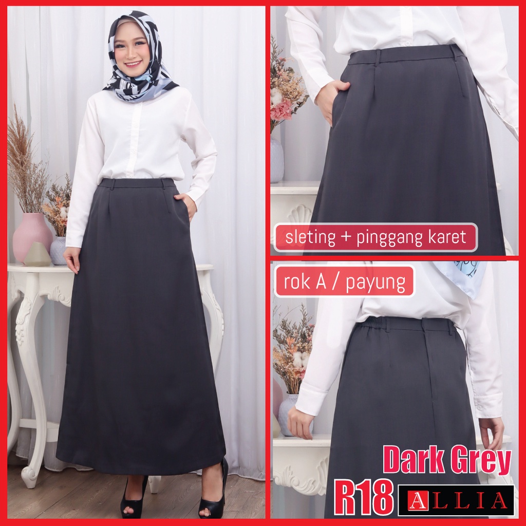 ALLIA R18 - Black M - 7L - Rok A Wanita - Rok Panjang Wanita - Rok kerja wanita - ROK HITAM-R18 ROK A -DARK GREY