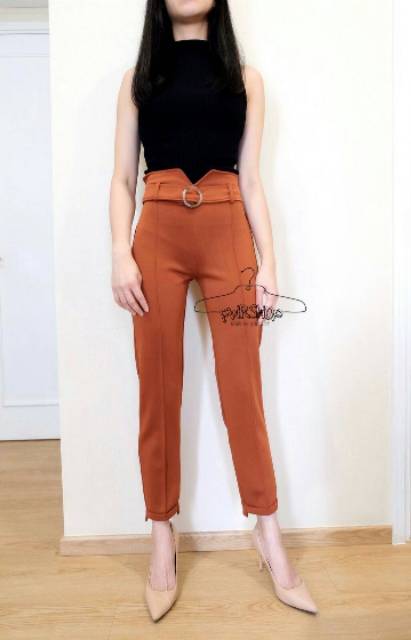 FWR - Celana Highwaist Bahan Scuba Melar Gratis Ikat Pinggang  2095