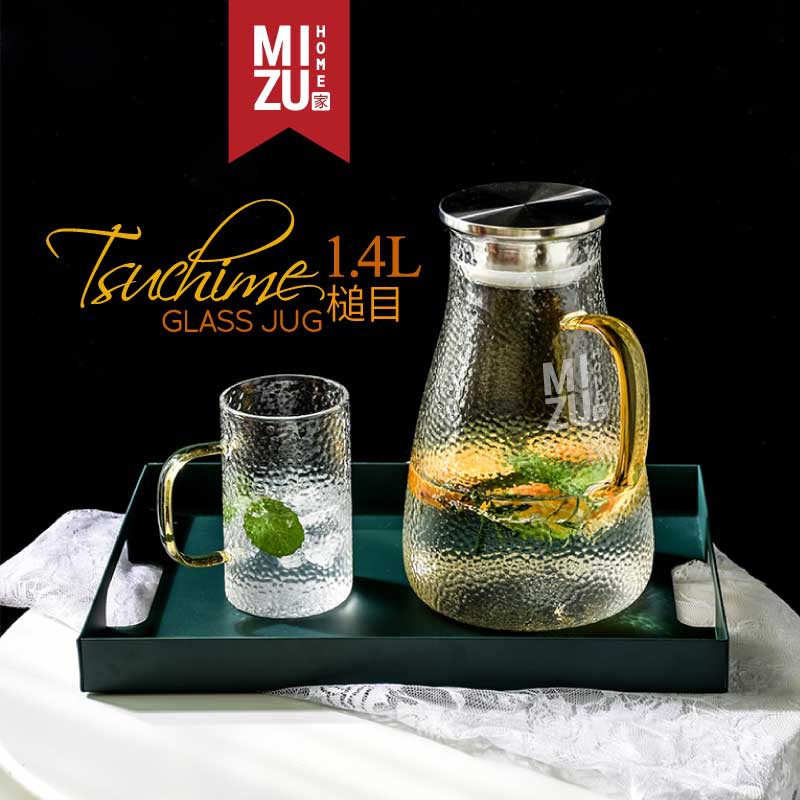 MIZU TSUCHIME 1.4L Glass Jug Hammered Finish Teko Kaca Borosilikat Jepang Teko Air Teh Infused Water-4