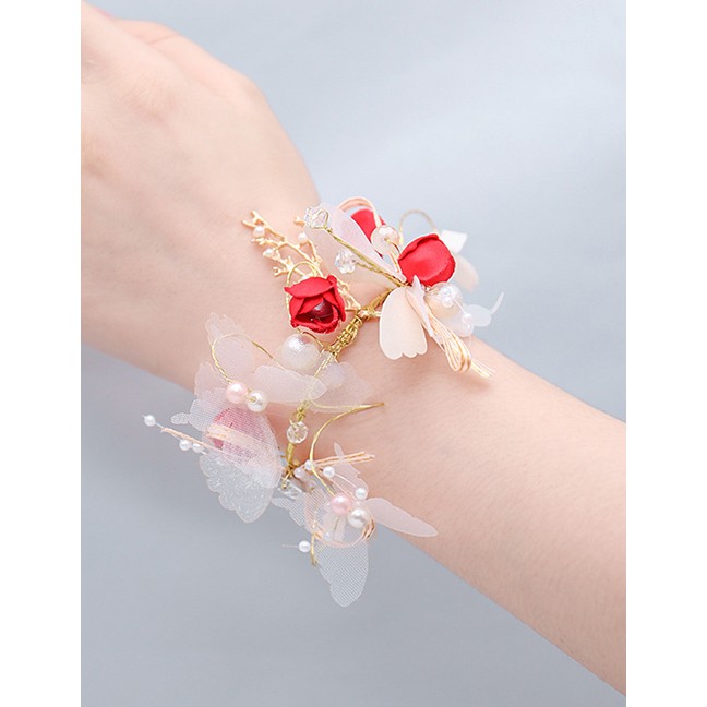 LRC Gelantg Tangan Fashion Pink Handmade Flower Butterfly Pearl Diamond Bracelet K96341