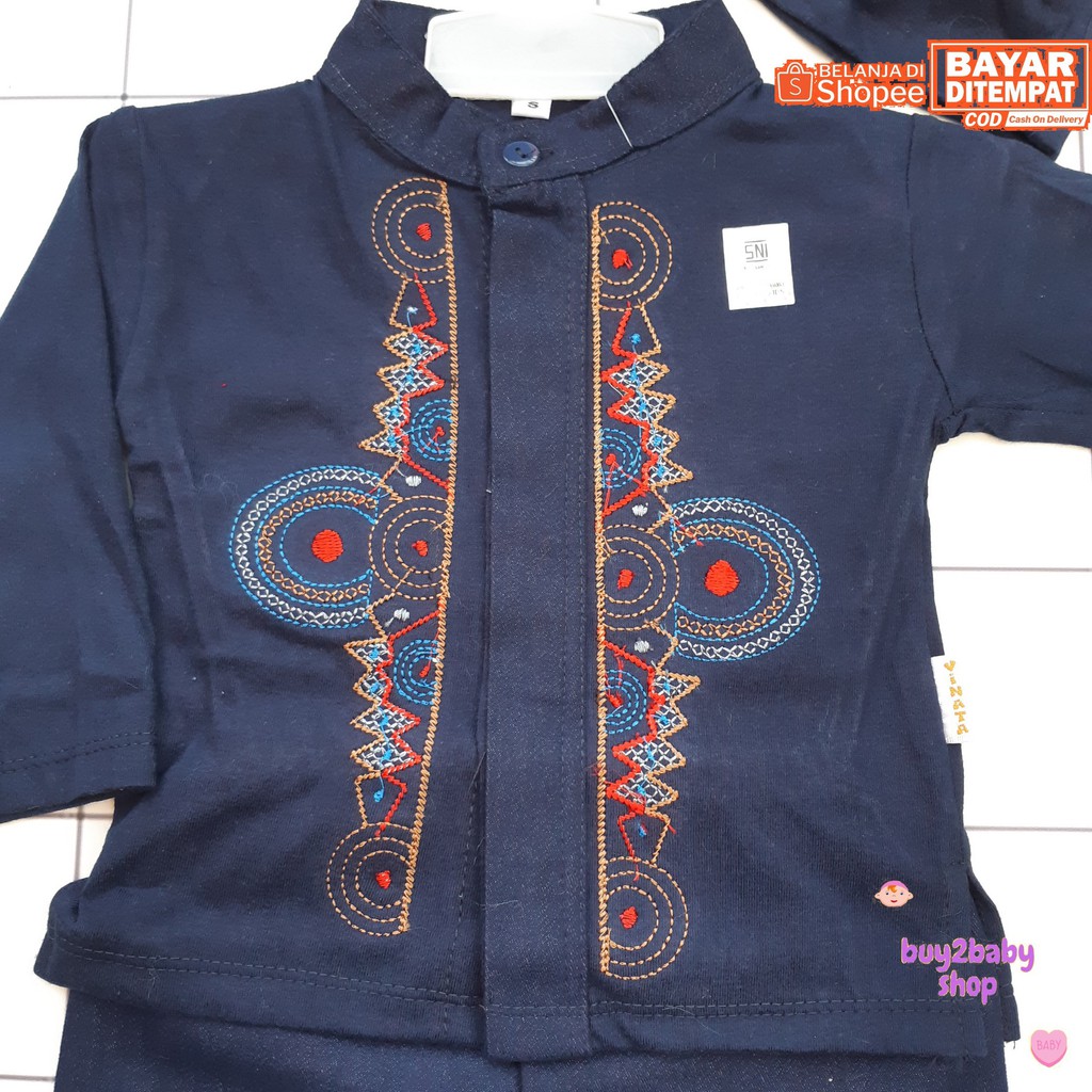 Baju lebaran bayi set baju koko plus peci motif bordir Vinata 3-18 Bulan