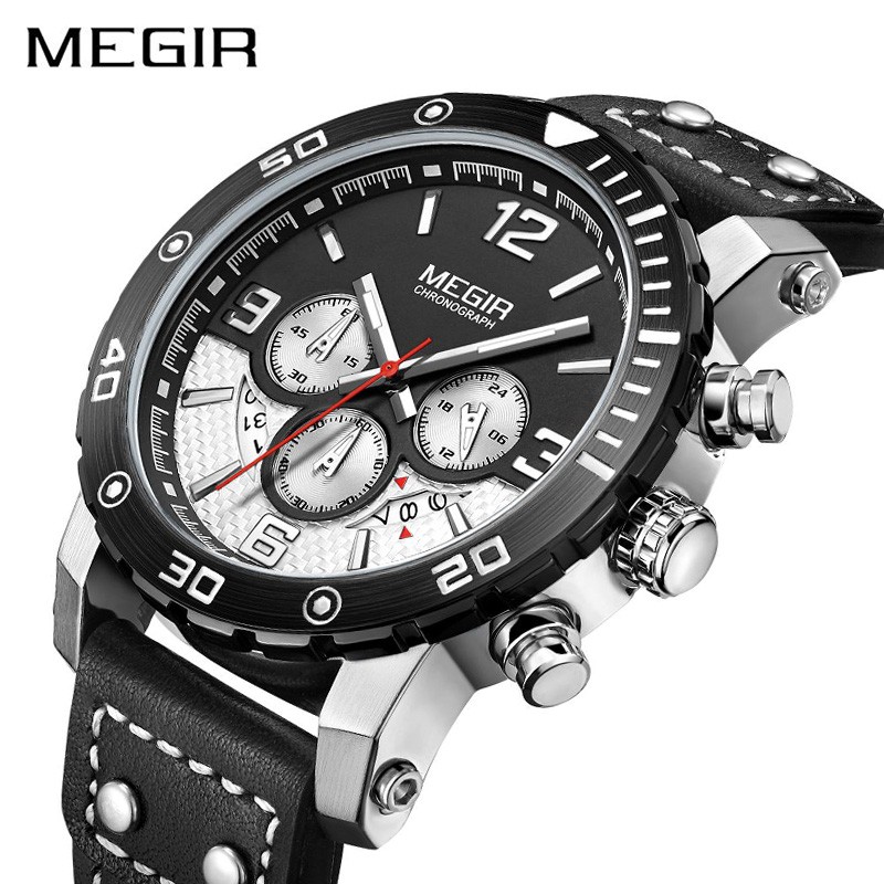 MEGIR 2084 Jam Tangan Pria Analog Chronograph Tali Kulit Luminous WATCHKITE WKOS