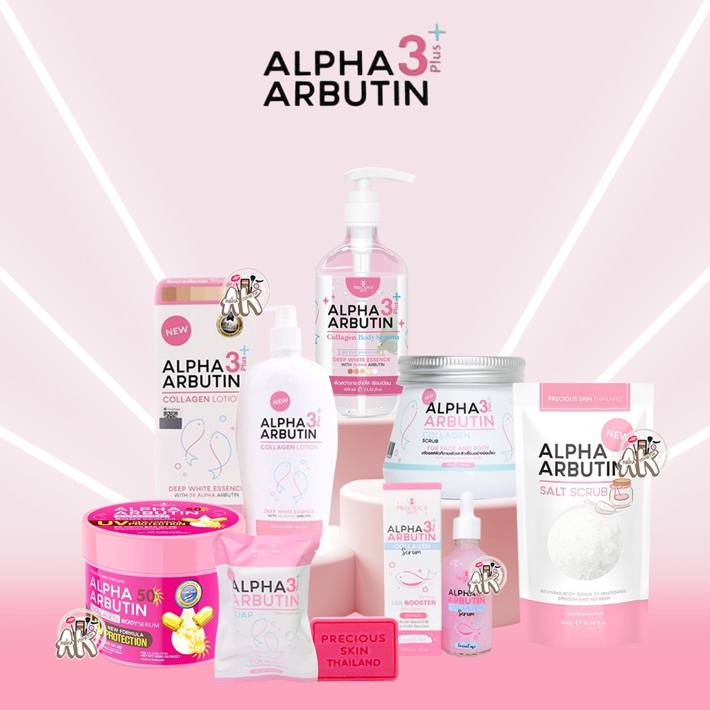 ALPHA ARBUTIN SERIES ( UV PROTECTION / SALT SCRUB / LOTION / CLLAGEN SCRUB / BODY SERUM / SABUN BATANG / WHITENING FACIAL SERUM )