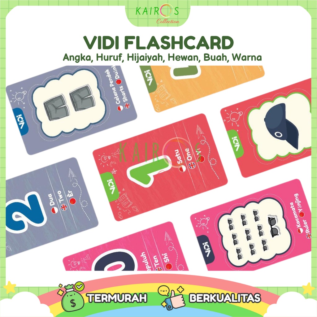 VIDI Flashcard Mainan Kartu Pintar Angka, Huruf, Hijaiyah, Hewan, Buah, Warna