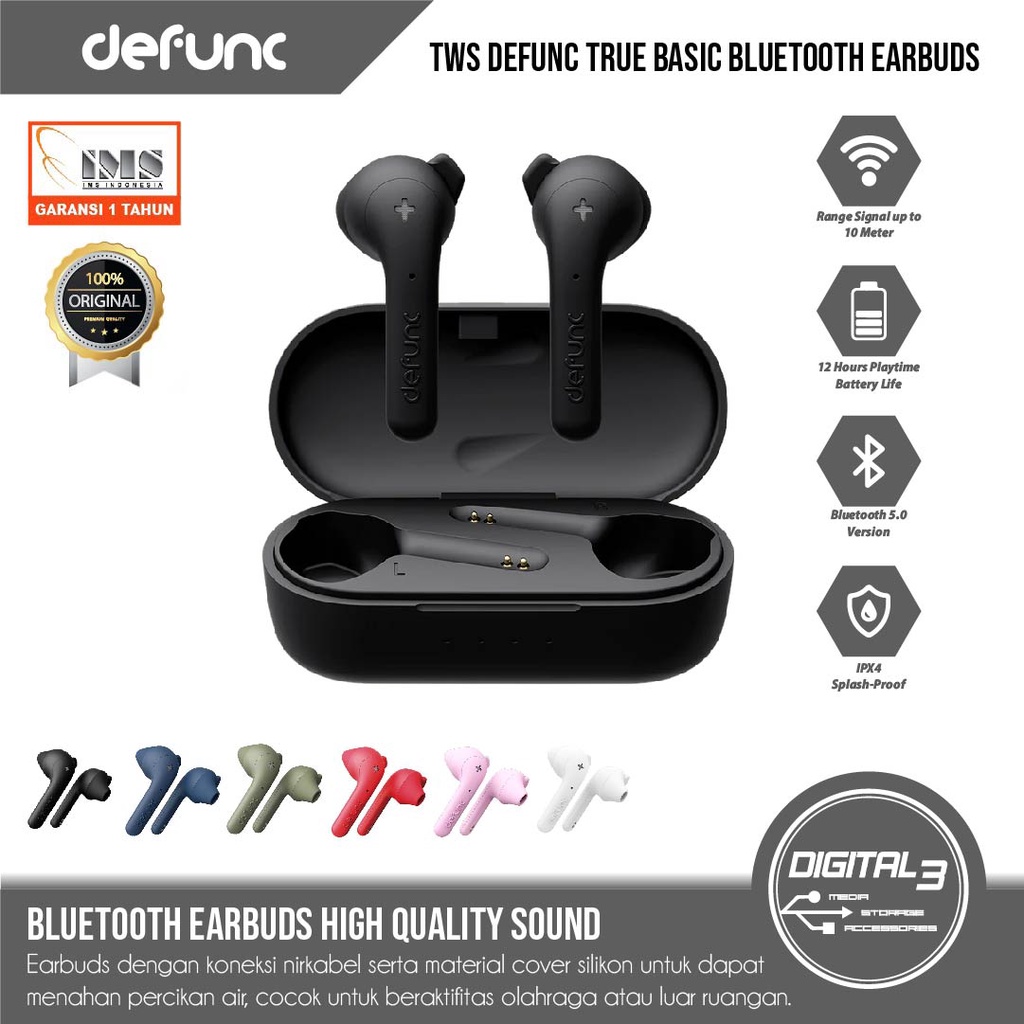 Bluetooth Earphone Defunc True Basic Wireless TWS Earbuds IPX4 Headset