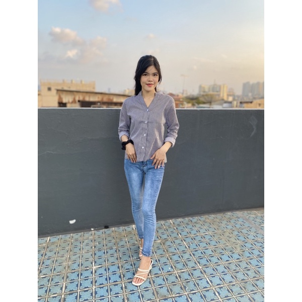 FDM-FN- Kem Ainy kemeja wanita salur bahan katun fit L 1F-HITAM UK XL