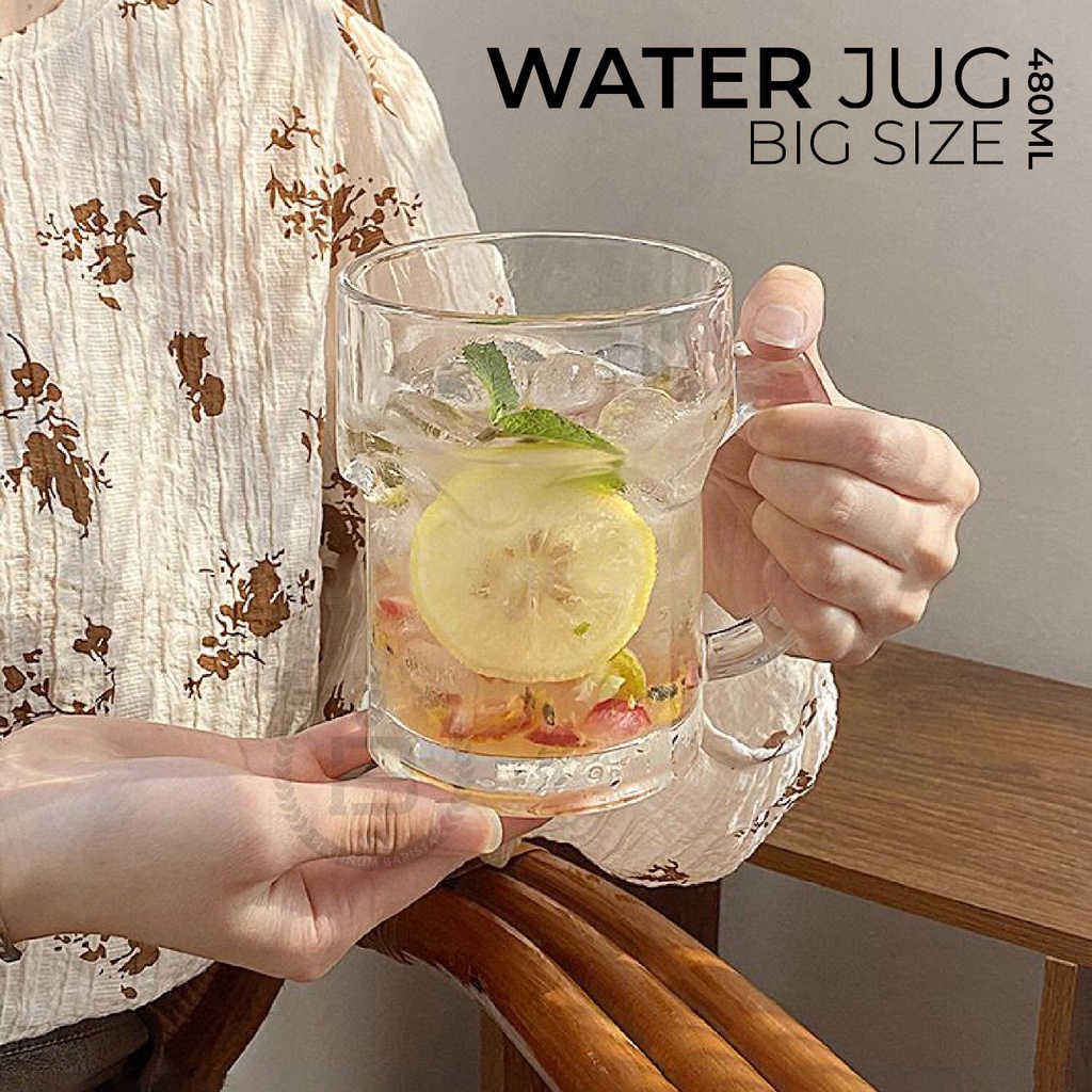Irish Glass Water Jug Gelas Kaca Pegangan Besar Jumbo 500ml Jus Juice Cafe Ins Style Simple Aestheti