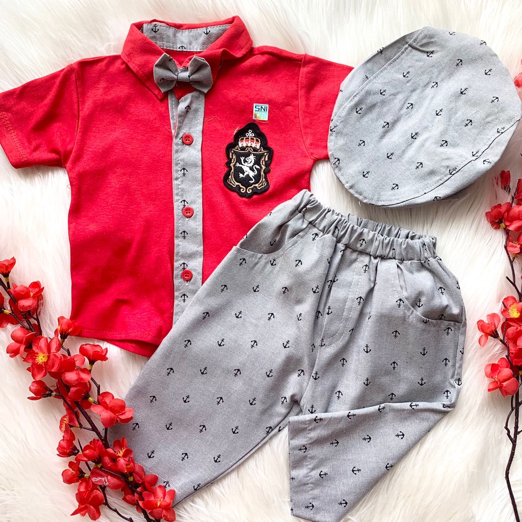 Baju setelan kemeja celana motif bagus pergi jalan fashion anak bayi cowok laki murah -bab