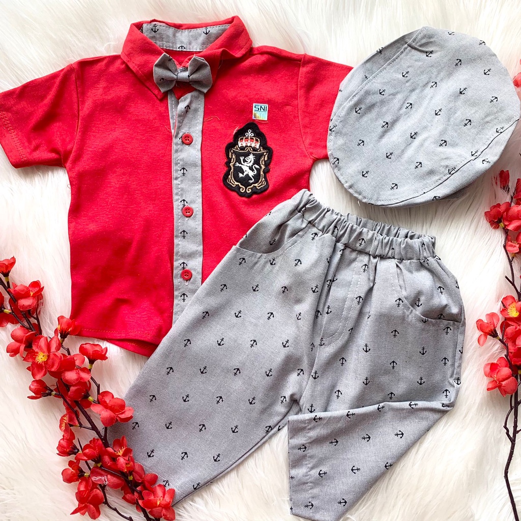 Baju setelan kemeja celana motif bagus pergi jalan fashion anak bayi cowok laki murah -bab