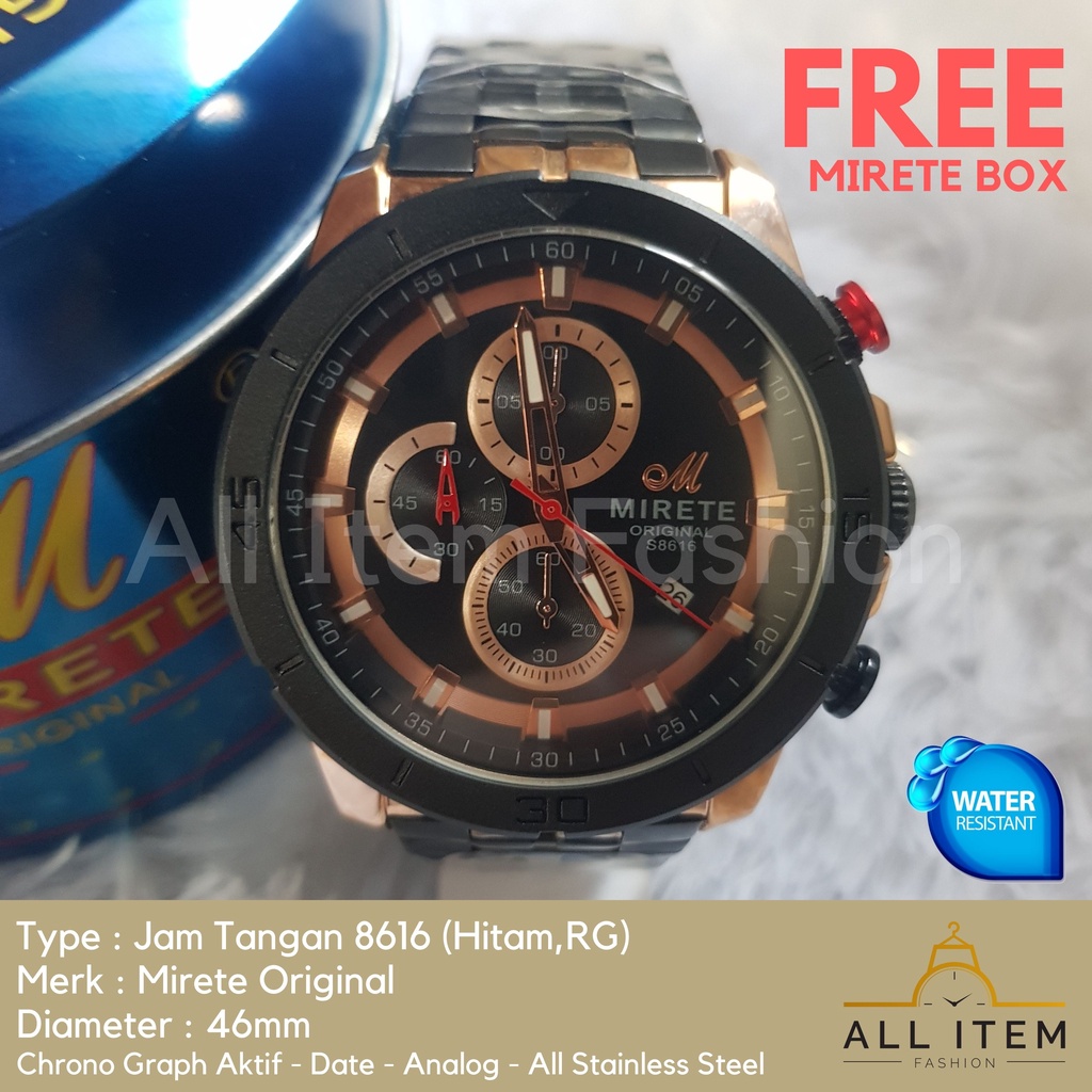 Jam Tangan Chrono Rantai MIRETE 8616 / Jam Tangan Pria Anti Air ORI / Arloji / Watches (FREE BOX)