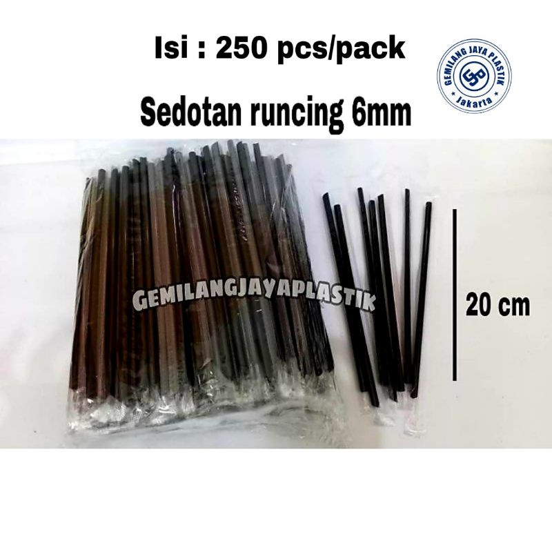 Sedotan Plastik 6mm 20cm Steril Hitam 250 batang Bungkus Hegenies Kopi Lurus Lancip Runcing 620