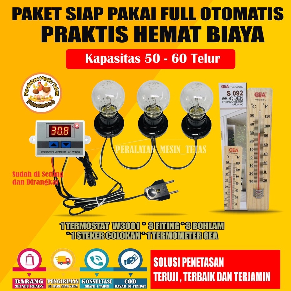 Paket Siap Pakai W3001 Kapasitas 20 Sampai 100 Butir Telur  Termostat Thermo-Hygrometer Termometer Gea Mesin Tetas