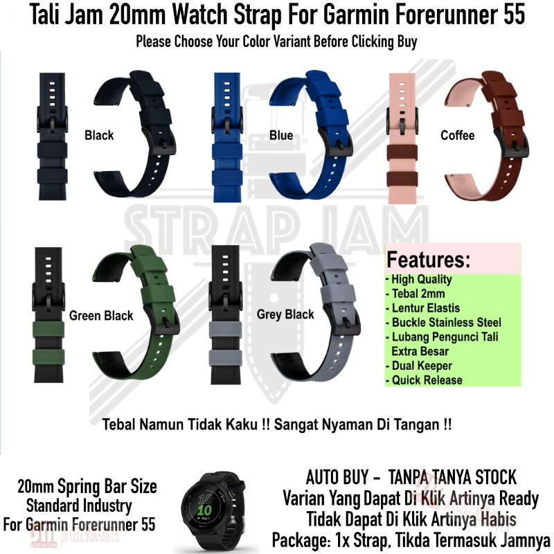 HNN Tali Jam Tangan Garmin Forerunner 55 - Strap 20mm Rubber Lentur Nyaman