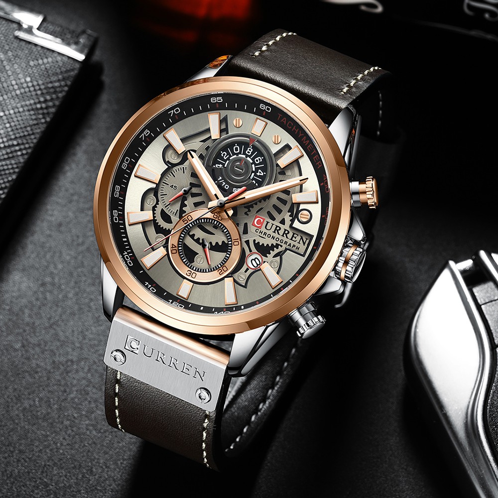 CURREN 8380 Jam Tangan Pria Analog Tali Kulit Chronograph Aktif Luminous Hand WATCHKITE WKOS