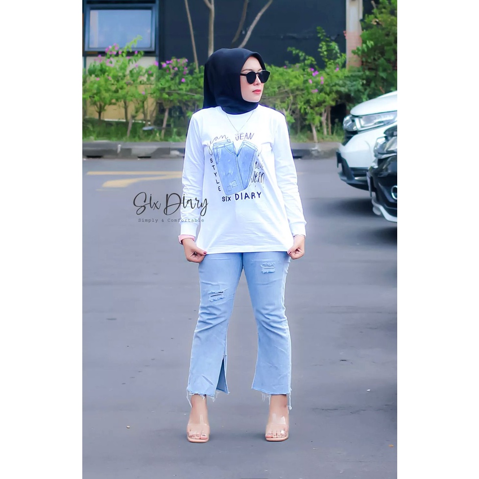 Baju Wanita Fashion wanita Kaos Wanita Atasan Wanita Kaos Lengan Panjang Wanita Six Diary Motif JEANS WARNA PUTIH// Style Zolaqu//BAJU WANITA LENGAN PANJANG / SWEATER WANITA KEKINIAN / KAOS WANITA TRENDY / ATASAN WANITA TERBARU 2022