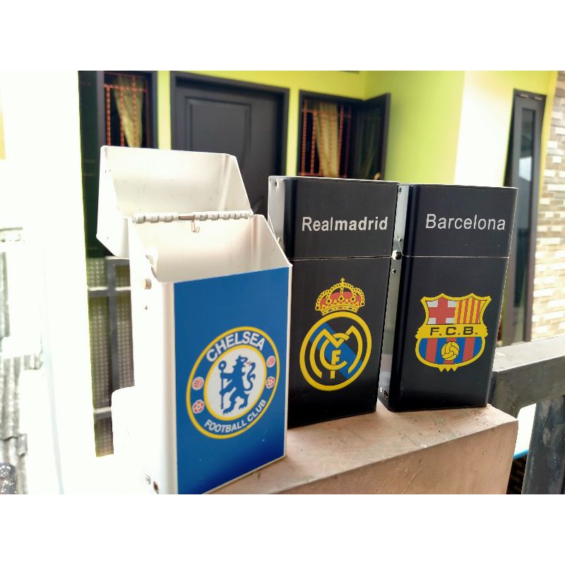 KOTAK ROKOK PLUS KOREK MOTIF CLUB BOLA - REALMADRID BARCA CHELSEA