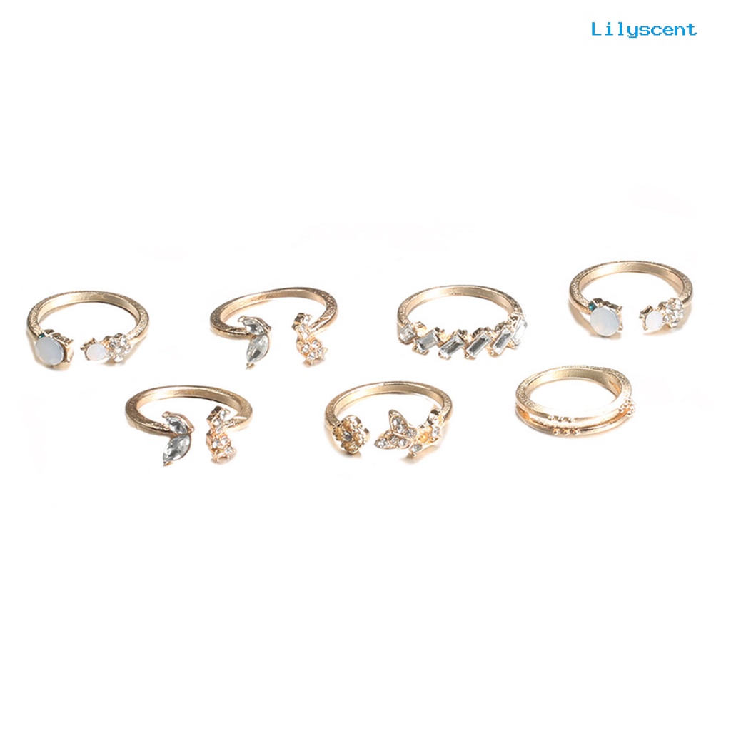 7pcs Cincin Knuckle Desain Bunga Butterfly Aksen Berlian Imitasi Untuk Wanita