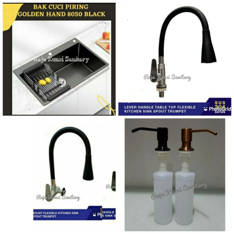 Paket Kitchen Sink 8050 Black+Kran Tembok/Dinding+Tempat Sabun Hitam/Black