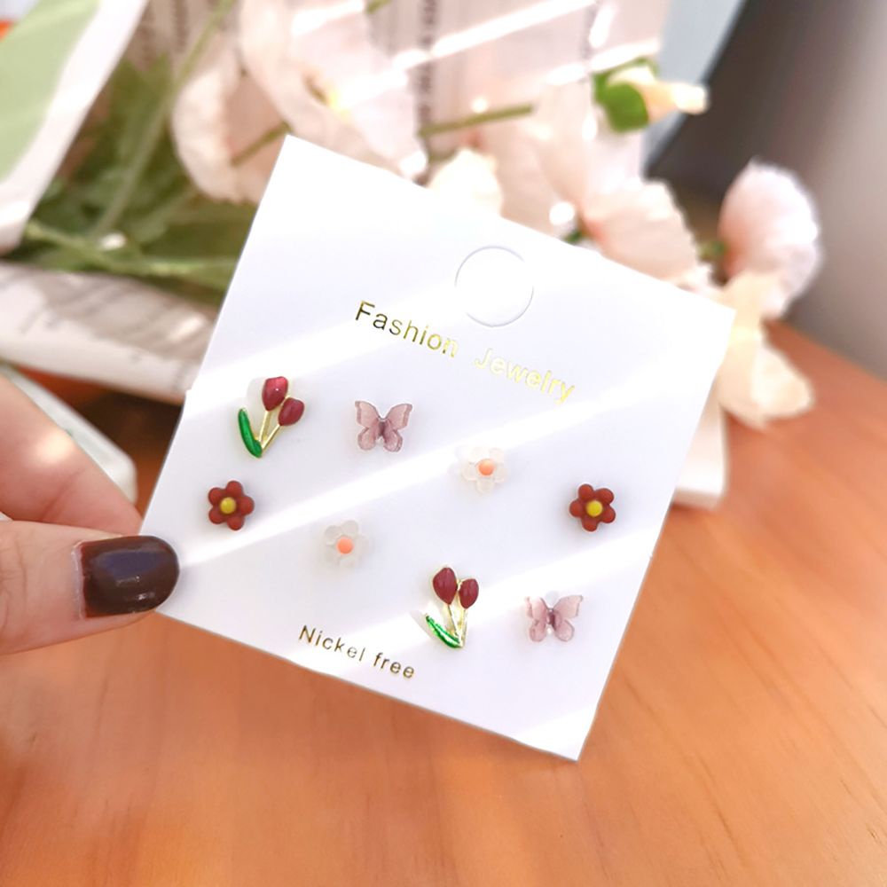 Needway  4 pairs/set Women Stud Earrings Sweet Fashion Jewelry Flower Earrings Set Party Cute Tulip Female Lovely Girl Korean Style Earrings/Multicolor