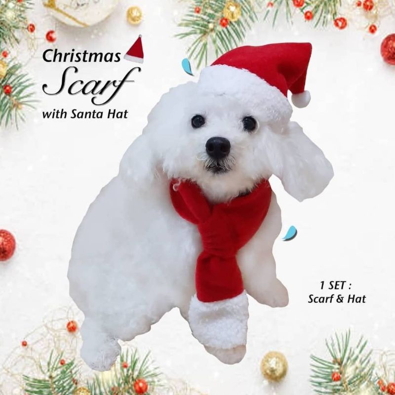 Christmas Pet Scarf Bibs Topi Set Syal Natal untuk Anjing Kucing