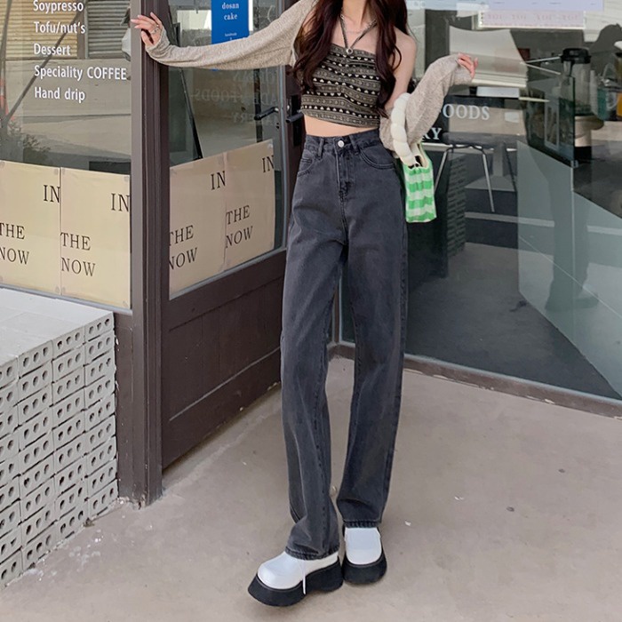 Kelabu hitam Korea Boyfriend Highwaist Celana Jeans Wanita（realpict）