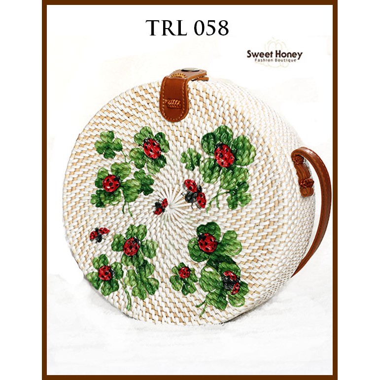 Sweet Honey ~ Tas Rotan Bulat Murah 20cm Lukis Decoupage Motif Bunga TRL058 [Bisa COD/Bayar di Tempat]