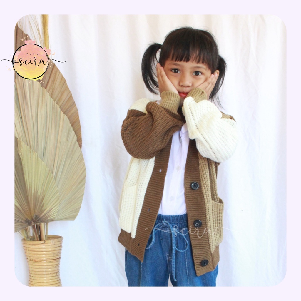 [BISA COD] Olivia Cardy Crop Pocket Anak / Kardigan Rajut Anak / Helena Cardigan Rajut Anak Kombinasi 3 Tone / Nakara Combinasi