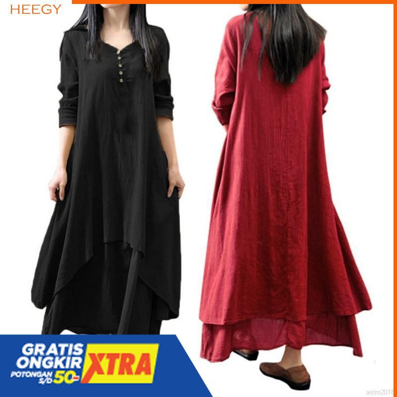 Maxi Dress Swing Lengan Panjang Longgar Oversize dan Bahan Linen Gaya Wanita Korea