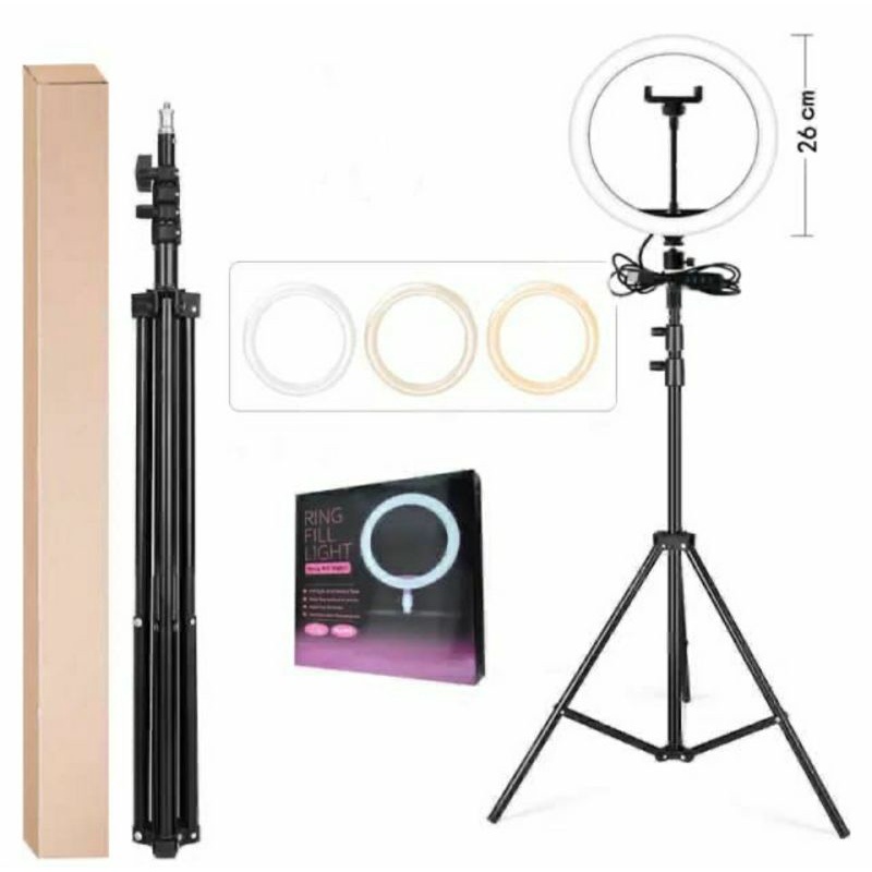 Ring Light 26cm + Tripod 2.1m - Lampu Makeup - Lampu Selfie - Lampu Vlog Tripod