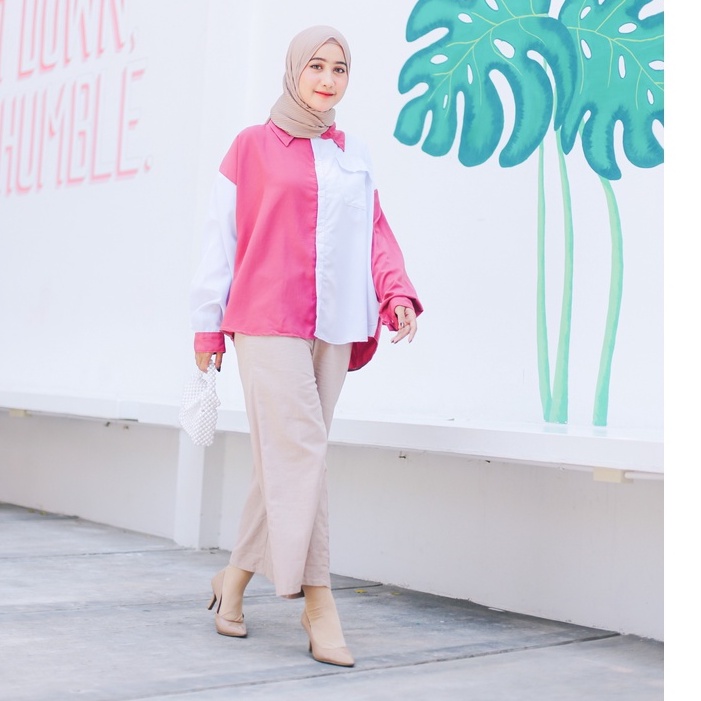 (DBY) KEMEJA ATASAN AGALA TWO TONE BLOUSE DAILY OVERSIZE WOLFIS