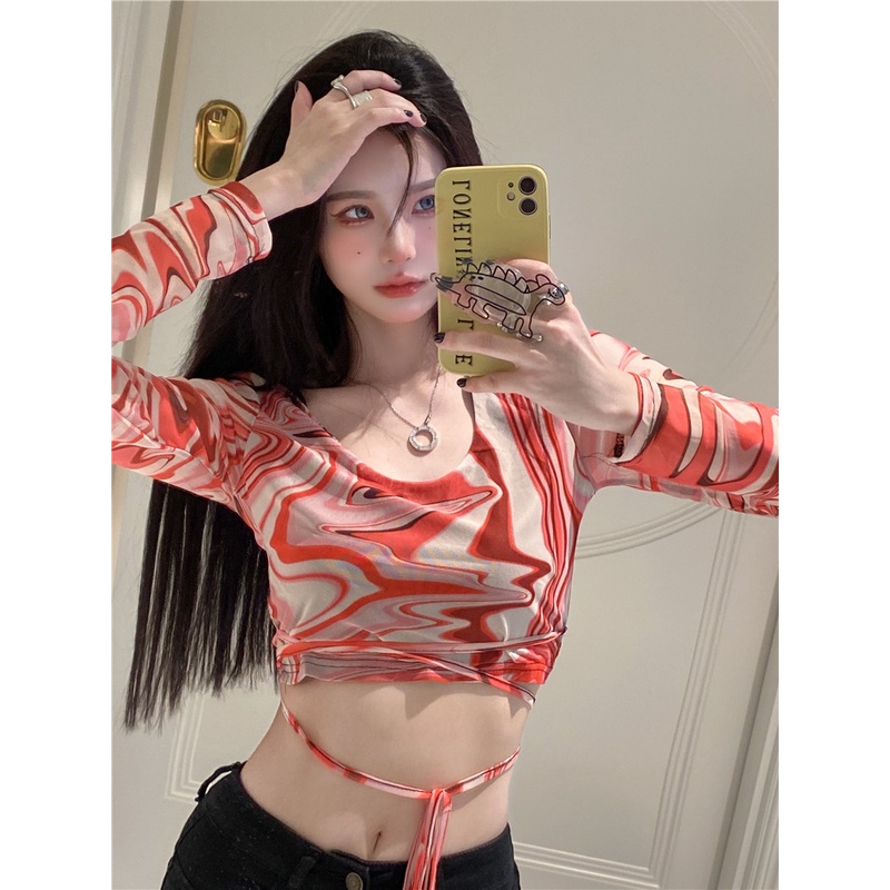 Suhao ~ Mesh Cropped POLO Zebra Print Lengan Panjang T-Shirt Atasan Bertali