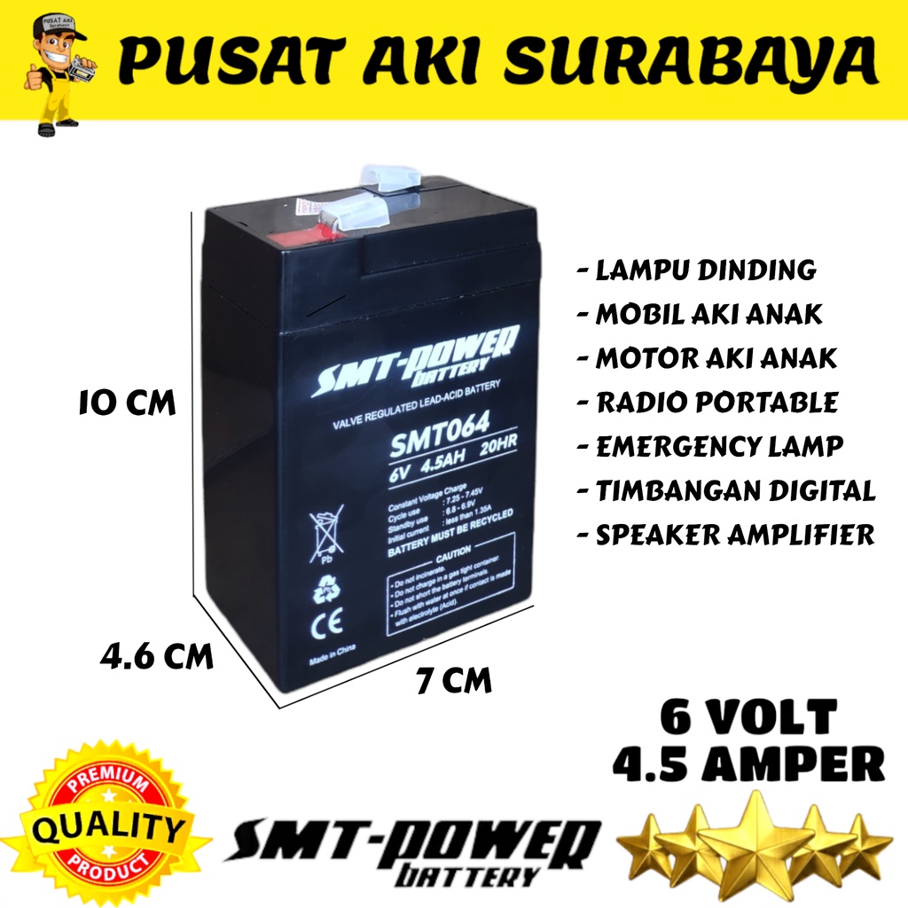 SMT POWER BATERAI 6 VOLT 4.5 AMPER BERKUALITAS MOTOR MOBIL MAINAN TIMBANGAN EMERGENCY LAMP VRLA BATTERY