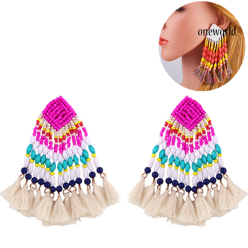 OW# Bohemian Women Beads Tassel Dangle Long Ear Stud Earrings Statement Jewelry Gift