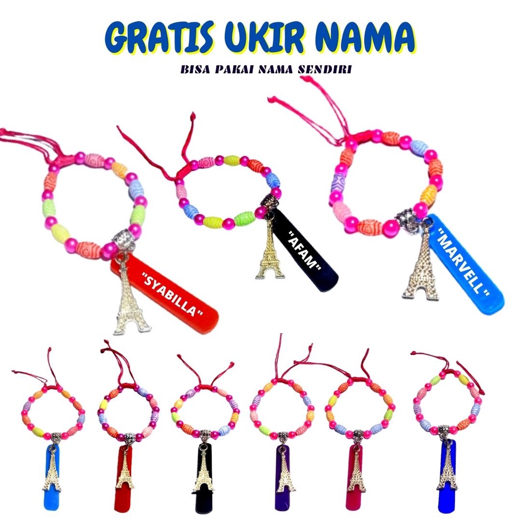GELANG NAMA ANAK,GELANG AKRILIK BANDUL PARIS,GRATIS UKIR NAMA SENDIRI,BANYAK PILIHAN WARNA