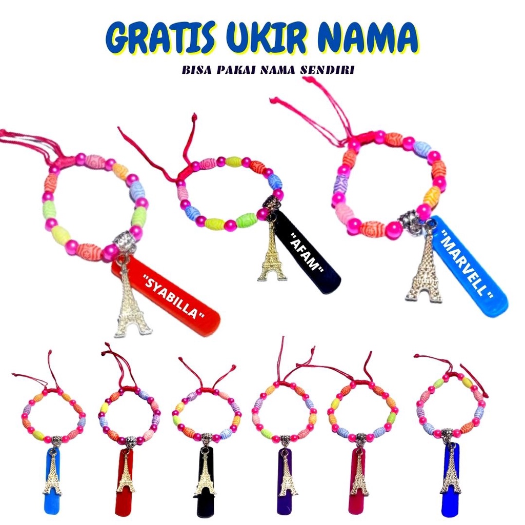 GELANG NAMA ANAK,GELANG AKRILIK BANDUL PARIS,GRATIS UKIR NAMA SENDIRI,BANYAK PILIHAN WARNA