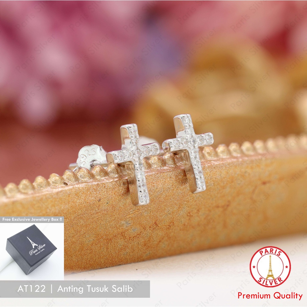 Anting Salib Perak Asli Silver 925 Lapis Emas Putih Giwang Tusuk Salip Subang