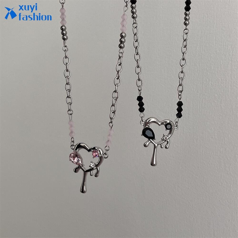 Kalung Rantai Liontin Hati Warna Hitam Dan Pink Untuk Aksesoris Perhiasan