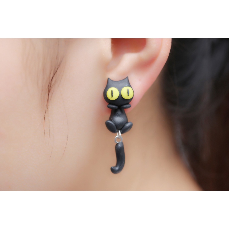 1 Pasang Anting Tusuk Bentuk Kucing Bahan Polymer Clay Untuk Wanita