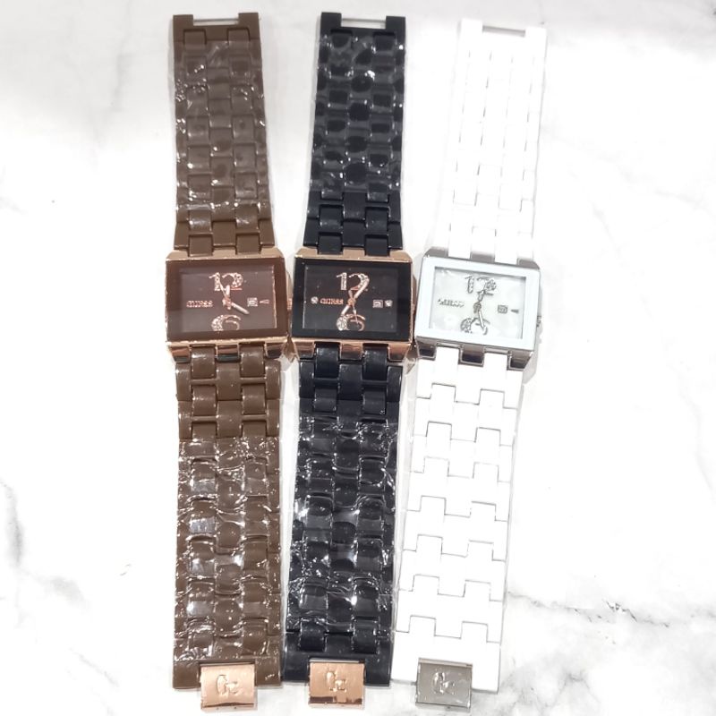 (Toko Ricoh) Jam Tangan Wanita Guess Segi Lebar Keramik